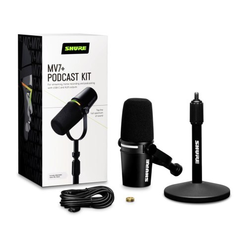 Shure MV7+-K-BNDL - mikrofon lektorski/wokalny ze złączem XLR/USB-C, czarny + statyw biurkowy GATOR