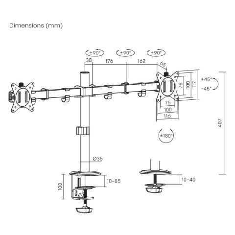 Uchwyt biurkowy na 2 monitory Maclean, VESA 75x75 oraz 100x100, 17-32", 2x 9kg, MC-754N Uchwyt biurkowy na 2 monitory Maclean, VESA 75x75 oraz 100x100, 17-32", 2x 9kg, MC-754N
