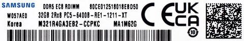 Samsung RDIMM DDR5 32GB 2Rx8 6400MHz PC5-51200 ECC REGISTERED M321R4GA3EB2-CCP