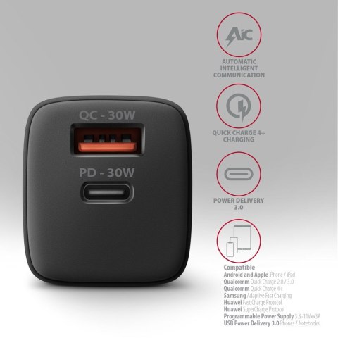 Axagon ACU-PQ30 Ladegerät QC3.0, 4.0/AFC/FCP/PPS/Apple+ PD USB-C, 30W - schwarz - Kompaktes Ladegerät - 1x USB-C und 1x USB-A Te Axagon ACU-PQ30 Ladegerät QC3.0, 4.0/AFC/FCP/PPS/Apple+ PD USB-C, 30W - schwarz - Kompaktes Ladegerät - 1x USB-C und 1x USB-A Te