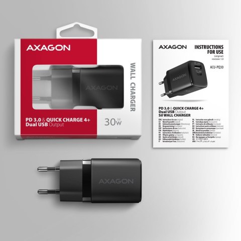 Axagon ACU-PQ30 Ladegerät QC3.0, 4.0/AFC/FCP/PPS/Apple+ PD USB-C, 30W - schwarz - Kompaktes Ladegerät - 1x USB-C und 1x USB-A Te Axagon ACU-PQ30 Ladegerät QC3.0, 4.0/AFC/FCP/PPS/Apple+ PD USB-C, 30W - schwarz - Kompaktes Ladegerät - 1x USB-C und 1x USB-A Te