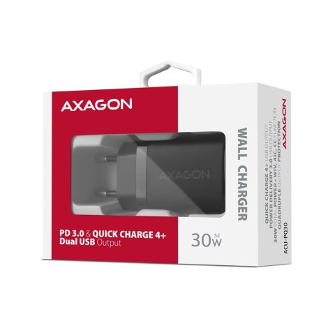 Axagon ACU-PQ30 Ladegerät QC3.0, 4.0/AFC/FCP/PPS/Apple+ PD USB-C, 30W - schwarz - Kompaktes Ladegerät - 1x USB-C und 1x USB-A Te Axagon ACU-PQ30 Ladegerät QC3.0, 4.0/AFC/FCP/PPS/Apple+ PD USB-C, 30W - schwarz - Kompaktes Ladegerät - 1x USB-C und 1x USB-A Te