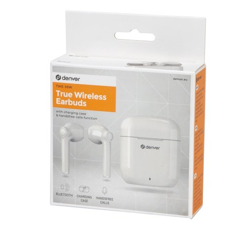 Denver TWE-39W słuchawki/zestaw słuchawkowy True Wireless Stereo (TWS) Douszny Połączenia/muzyka Bluetooth Biały Denver TWE-39W słuchawki/zestaw słuchawkowy True Wireless Stereo (TWS) Douszny Połączenia/muzyka Bluetooth Biały