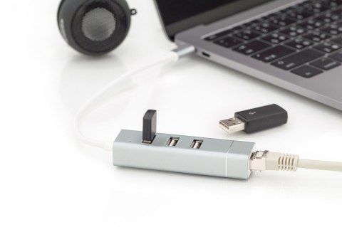 HUB 3-portowy USB 2.0 HighSpeed z Typ C oraz LANFast Ethernet LAN adapter, aluminium HUB 3-portowy USB 2.0 HighSpeed z Typ C oraz LANFast Ethernet LAN adapter, aluminium