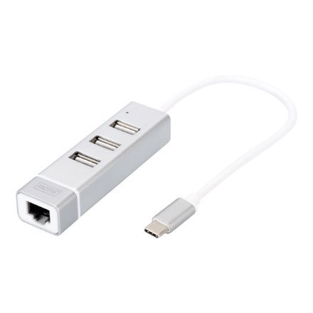 HUB 3-portowy USB 2.0 HighSpeed z Typ C oraz LANFast Ethernet LAN adapter, aluminium HUB 3-portowy USB 2.0 HighSpeed z Typ C oraz LANFast Ethernet LAN adapter, aluminium
