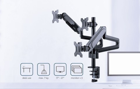 GEMBIRD BIURKOWE REGULOWANE RAMIĘ/UCHWYT NA 3 MONITORY 17-27, VESA 100X100MM, DO 7 KG GEMBIRD BIURKOWE REGULOWANE RAMIĘ/UCHWYT NA 3 MONITORY 17-27, VESA 100X100MM, DO 7 KG