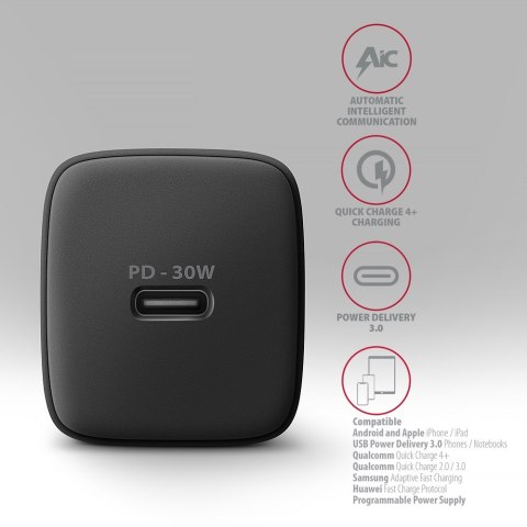 Axagon ACU-PD30 kroviklis jungiama tinkl PD 30W, 1x port USB-C, PD3.0/QC3.0/AFC/FCP/Apple Juoda Telefon komórkowy, Smartfon, Sma Axagon ACU-PD30 kroviklis jungiama tinkl PD 30W, 1x port USB-C, PD3.0/QC3.0/AFC/FCP/Apple Juoda Telefon komórkowy, Smartfon, Sma