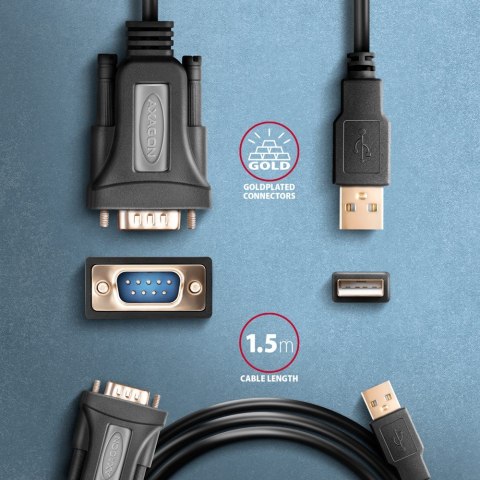 Axagon ADS-1PQN USB-A 2.0 - serial RS-232 DB9-M FTDI adapter cable 1.5m - Adapter - Digital/Daten kabel równoległy Czarny 1,5 m Axagon ADS-1PQN USB-A 2.0 - serial RS-232 DB9-M FTDI adapter cable 1.5m - Adapter - Digital/Daten kabel równoległy Czarny 1,5 m