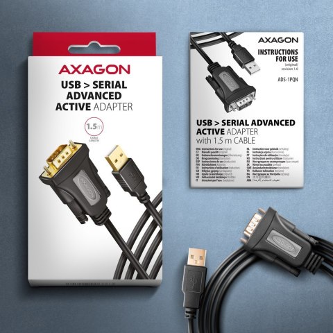 Axagon ADS-1PQN USB-A 2.0 - serial RS-232 DB9-M FTDI adapter cable 1.5m - Adapter - Digital/Daten kabel równoległy Czarny 1,5 m Axagon ADS-1PQN USB-A 2.0 - serial RS-232 DB9-M FTDI adapter cable 1.5m - Adapter - Digital/Daten kabel równoległy Czarny 1,5 m
