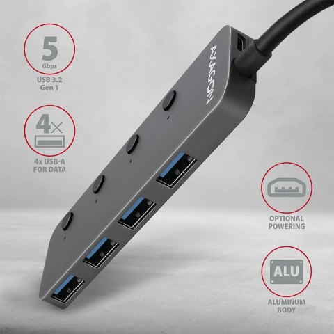 Axagon HUE-MSA Superspeed USB-A Switch Hub 4x USB 3.0 aktiv - 20cm schwarz USB 3.2 Gen 1 (3.1 Gen 1) Type-A 5000 Mbit/s Szary Axagon HUE-MSA Superspeed USB-A Switch Hub 4x USB 3.0 aktiv - 20cm schwarz USB 3.2 Gen 1 (3.1 Gen 1) Type-A 5000 Mbit/s Szary