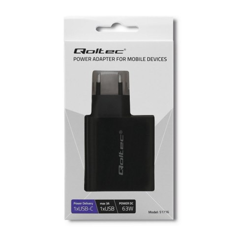 Qoltec 51716 Ładowarka sieciowa | 63W | 5-20V | 1.5-3A | USB typ C PD | USB QC 3.0 | Czarna Qoltec 51716 Ładowarka sieciowa | 63W | 5-20V | 1.5-3A | USB typ C PD | USB QC 3.0 | Czarna