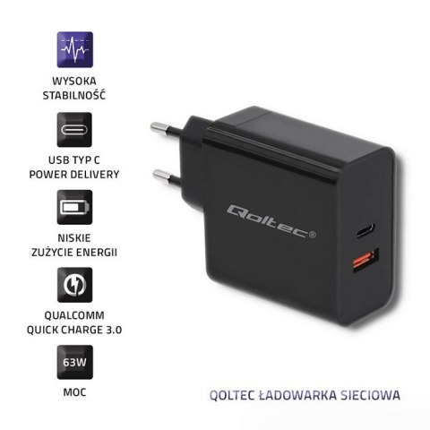 Qoltec 51716 Ładowarka sieciowa | 63W | 5-20V | 1.5-3A | USB typ C PD | USB QC 3.0 | Czarna Qoltec 51716 Ładowarka sieciowa | 63W | 5-20V | 1.5-3A | USB typ C PD | USB QC 3.0 | Czarna