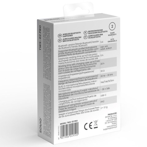 SAVIO SŁUCHAWKI BEZPRZEWODOWE BLUETOOTH TWS-02 PRO SAVIO SŁUCHAWKI BEZPRZEWODOWE BLUETOOTH TWS-02 PRO
