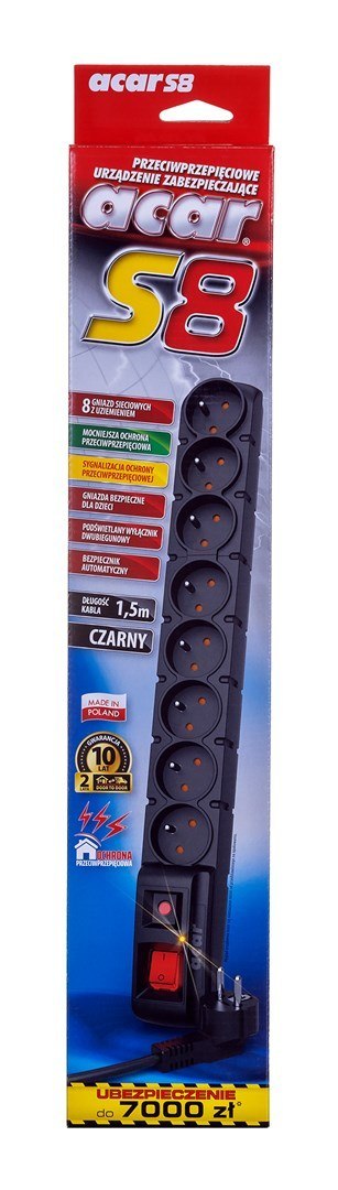 ACAR S8 rozgałęziacz 1,5 m 8 x gniazdo sieciowe Wewnętrzna Czarny ACAR S8 rozgałęziacz 1,5 m 8 x gniazdo sieciowe Wewnętrzna Czarny