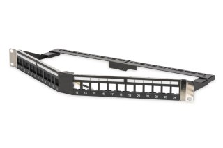 Digitus Panel krosowy (patch panel) kątowy 19" 24x keystone, ekranowany, 1U, czarny, prowadnica kabli, pola opisowe