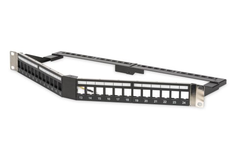 Digitus Panel krosowy (patch panel) kątowy 19" 24x keystone, ekranowany, 1U, czarny, prowadnica kabli, pola opisowe Digitus Panel krosowy (patch panel) kątowy 19" 24x keystone, ekranowany, 1U, czarny, prowadnica kabli, pola opisowe