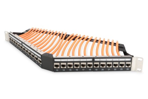 Digitus Panel krosowy (patch panel) kątowy 19" 24x keystone, ekranowany, 1U, czarny, prowadnica kabli, pola opisowe Digitus Panel krosowy (patch panel) kątowy 19" 24x keystone, ekranowany, 1U, czarny, prowadnica kabli, pola opisowe