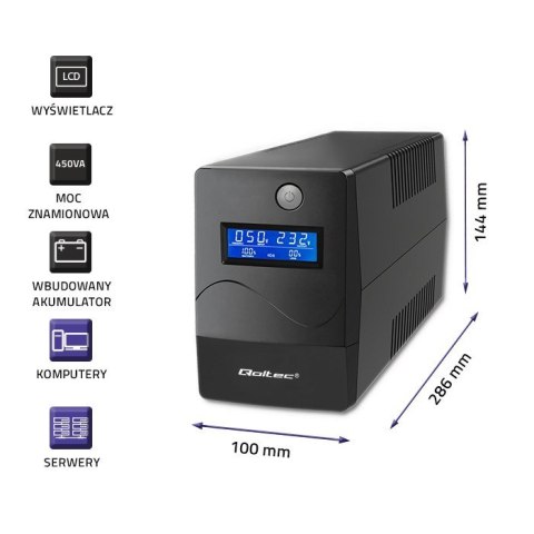 Qoltec 53977 Zasilacz awaryjny UPS | Monolith | 450VA | 240W | LCD | USB | RJ45 Qoltec 53977 Zasilacz awaryjny UPS | Monolith | 450VA | 240W | LCD | USB | RJ45