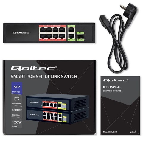 Qoltec Przełącznik sieciowy SWITCH FAST Ethernet PoE 8x RJ45 PoE 2x RJ45 Uplink 1x SFP | 120W | 1000 Mb/s Qoltec Przełącznik sieciowy SWITCH FAST Ethernet PoE 8x RJ45 PoE 2x RJ45 Uplink 1x SFP | 120W | 1000 Mb/s
