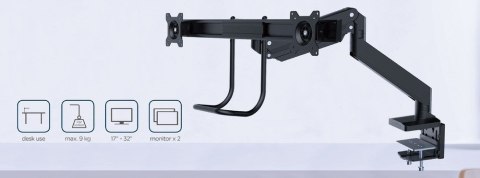 Gembird MA-DA2-04 Regulowane biurkowe ramię na 2 monitory, 17"-32", do 8 kg