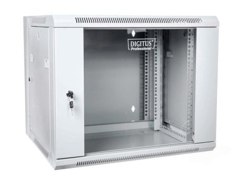 Szafa sieciowa wisząca 19" 9U rack 600x550, drzwi szyba, szary, dzielona, złożona, 60kg