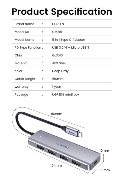 Ugreen 70336 huby i koncentratory USB 3.2 Gen 1 (3.1 Gen 1) Type-C 5000 Mbit/s