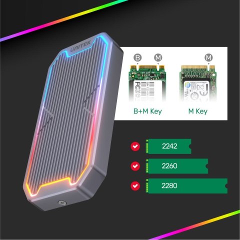 Unitek Obudowa dysku M.2 SSD NVMe/SATA 10Gbps RGB Unitek Obudowa dysku M.2 SSD NVMe/SATA 10Gbps RGB