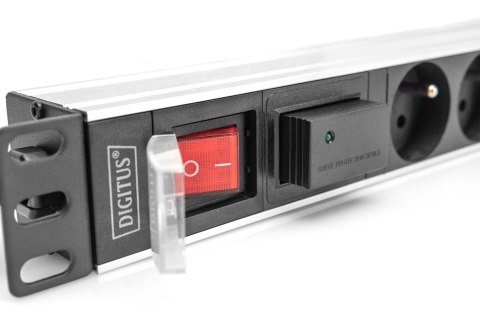 1U Aluminum PDU, rackmountable, 7x CEE 7/516A Plug, 250VAC 50/60Hz, Switch, Surge protection