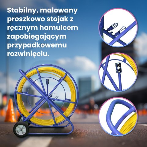 WŁÓKNO SZKLANE DO PRZECIĄGANIA KABLI 9mm / 100m (PILOT / STALKA) PE + STOJAK