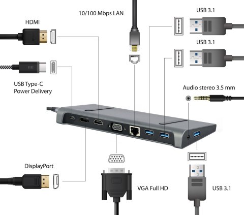 GEMBIRD MULTI ADAPTER USB TYP-C 9W1 (HUB3.0 + HDMI + DISPLAYPORT + VGA + PD + LAN + DŹWIĘK STEREO), SZARY