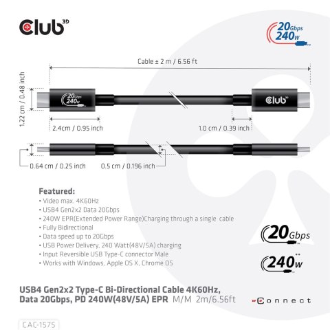 CLUB3D CAC-1575 kabel USB USB4 Gen 2x2 2 m USB C Czarny