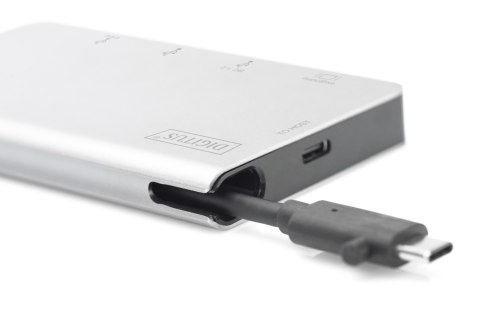 Stacja dokująca podróżna USB Typ C, 6 portów 4K, HDMI, VGA, USB, RJ45, microSD, SD/MMC, srebrna