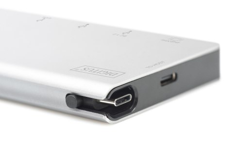 Stacja dokująca podróżna USB Typ C, 6 portów 4K, HDMI, VGA, USB, RJ45, microSD, SD/MMC, srebrna