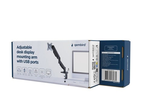 GEMBIRD BIURKOWE REGULOWANE RAMIĘ/UCHWYT NA MONITOR Z PORTAMI USB (REGULOWANE), OD 17" DO 32", OBCIĄŻENIE DO 9KG