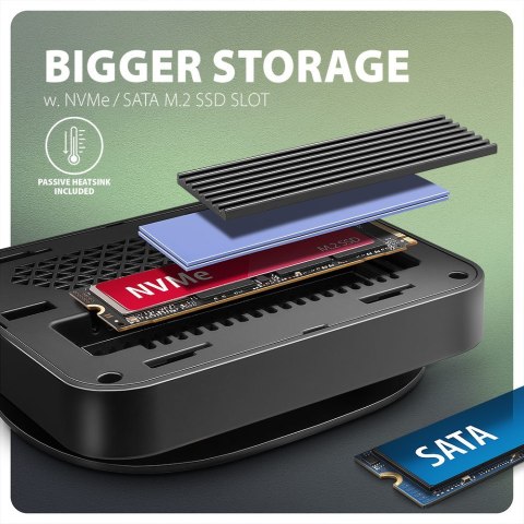 AXAGON HMC-UFO USB-C Hub, M.2 SATA/NVMe, 1 Gbit/s Ethernet, 384 kHz Audio - schwarz/silber