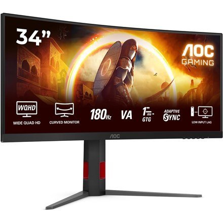 Monitor AOC CU34G4 34" Szybkie VA UWQHD 21:9 180 Hz 1 ms 3440 x 1440 pikseli 300 cd/m2 Ilość portów HDMI: 2 Czarny