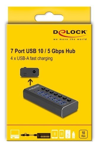 Delock 7-portowy hub USB z 3 portami 10 Gb/s i 4 szybkimi ładowaniami