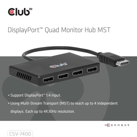 Hub USB Club Hub 3D MST (Multi Stream Transport) DisplayPort 1.4 na 4x DisplayPort, Cztery monitory, 4x 4K30Hz, 8K30Hz