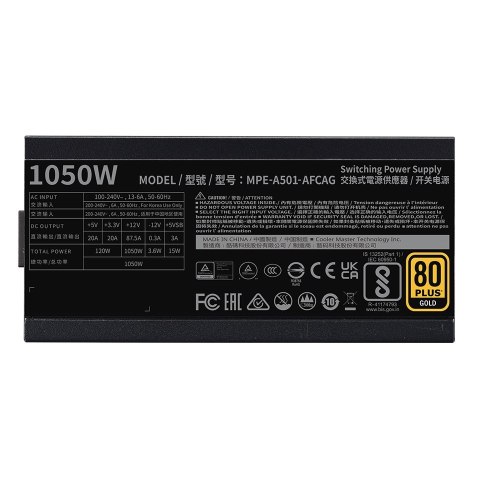 Chłodnica Master MWE Gold 1050 V2 ATX 3.1, 1050 W, 100 - 240 V, 50/60 Hz, 13 - 6 A, Aktywna, 120 W