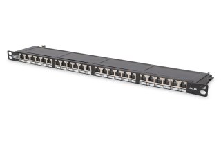 Panel krosowy high density 19'' 24x RJ45, LSA poziom, kat.6, ekranowany,0.5U,czarny,prowadnica kabli