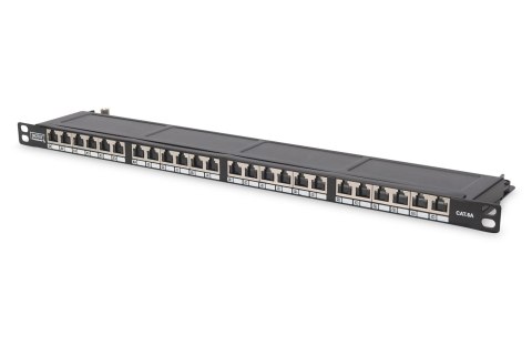Panel krosowy high density 19'' 24x RJ45, LSA poziom, kat.6, ekranowany,0.5U,czarny,prowadnica kabli
