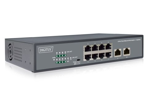 Przełącznik sieciowy niezarządzalny 19" 8x RJ45 10/100 Mb/s, 2x FastEthernet uplink, PoE+ 120W budżet