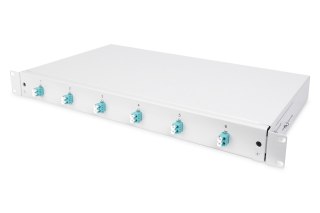 Panel krosowy FO z wyposażeniem 19'' 1U, 6x LC dx,OM3, pigtaile, adaptery, tacki, wysuwany, szary