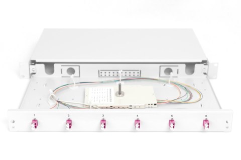 Panel krosowy FO z wyposażeniem 19'' 1U, 6x LC dx,OM4, pigtaile, adaptery, tacki, wysuwany, szary