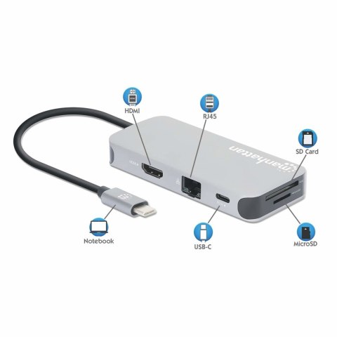 Stacja dokująca MANHATTAN USB-C 8 w 1 z zasilaniem USB 3.2 Gen 1 Type-C męski na żeński HDMI, trzy porty USB-A, gigabitowy port 