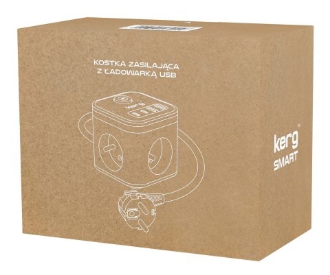 Kerg smart - kostka zasilająca 3-gniazdowa + ładowarka USB-A+USB-C 1,5m 3×1,5mm2 H05VV-F 16A/250V~