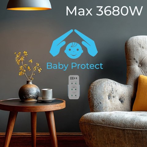 MACLEAN GNIAZDKO PRĄDOWE X3 + 4XUSB, ROZGAŁĘŹNIK Z 3 GNIAZDAMI, 2XUSB A, 2XUSB C PD 20W, 1X16A + 2X6A MCE248 F/W