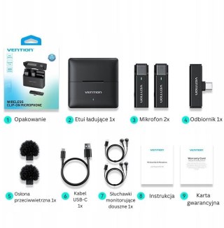 Zestaw 2 bezprzewodowych mikrofonów krawatowych Vention USB-C z etui ładującym czarny