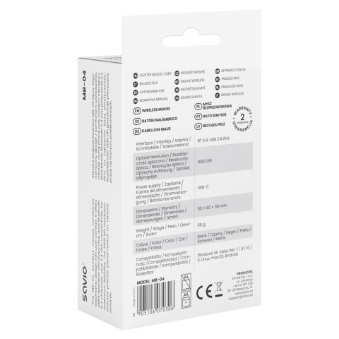 SAVIO MYSZ BEZPRZEWODOWA BT 2.4 GHZ MB-04